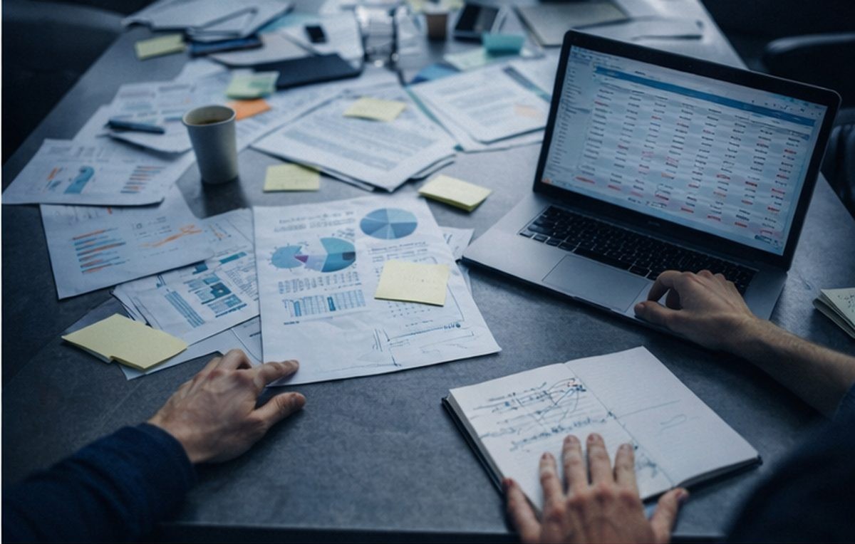 Overhead view of a messy conference table mid-meeting with papers, laptop, and coffee