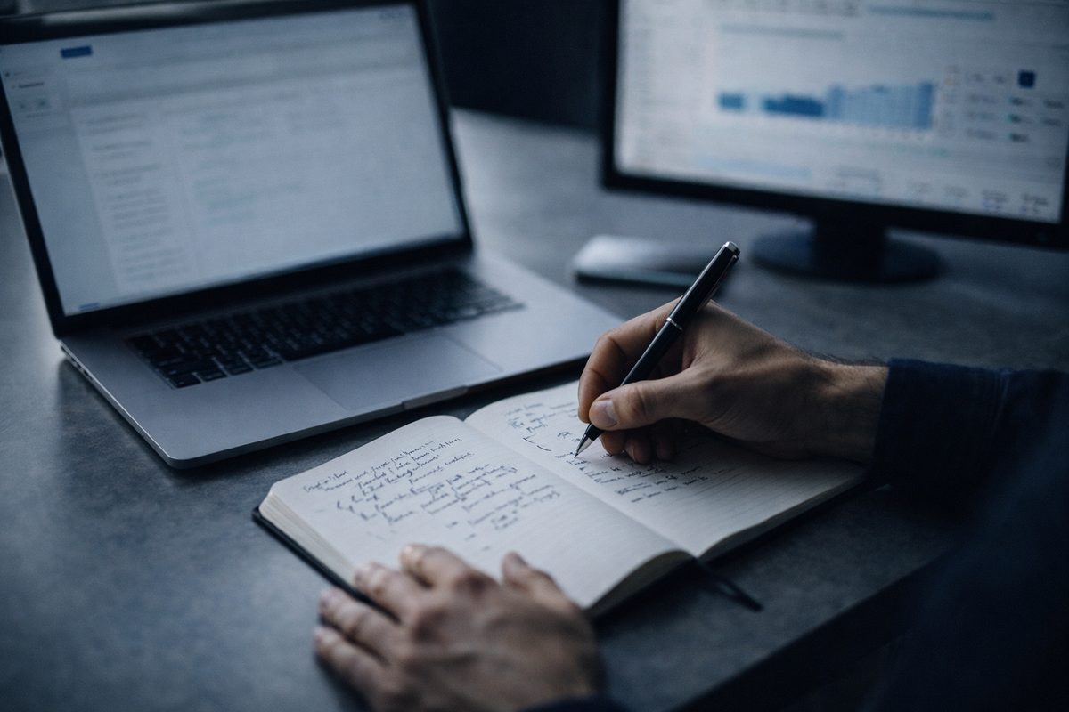 Close-up of hands writing structured notes in a notebook beside a laptop and dashboard monitor